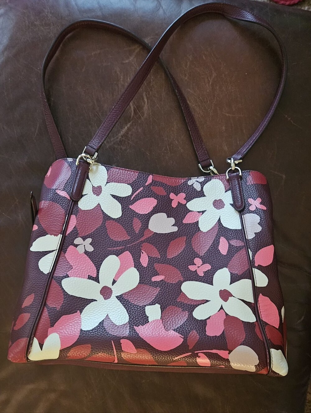 kate spade Burgundy Floral Leather Shoulder Bag with Pink & White Accents - Picture 2 of 8